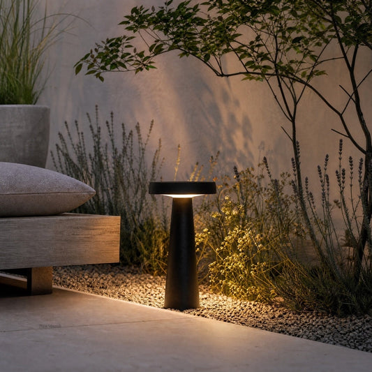 Black matte low-voltage LED ground light in garden with warm glow on gravel and lavender