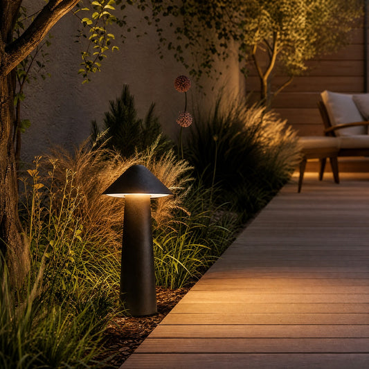 Black matte cone garden stake lamp illuminating ornamental grasses on wooden deck