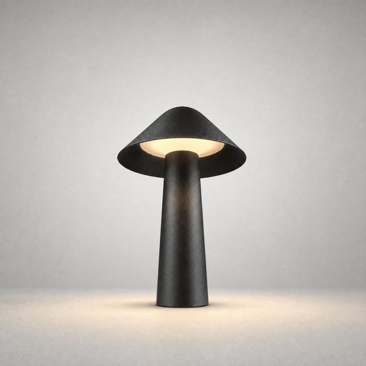 Black mushroom-style outdoor stake lamp with conical canopy and tapered stem