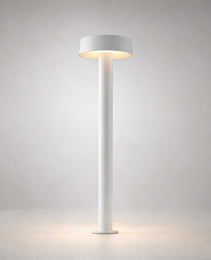 White matte cylindrical garden light with flat top and integrated LED glow