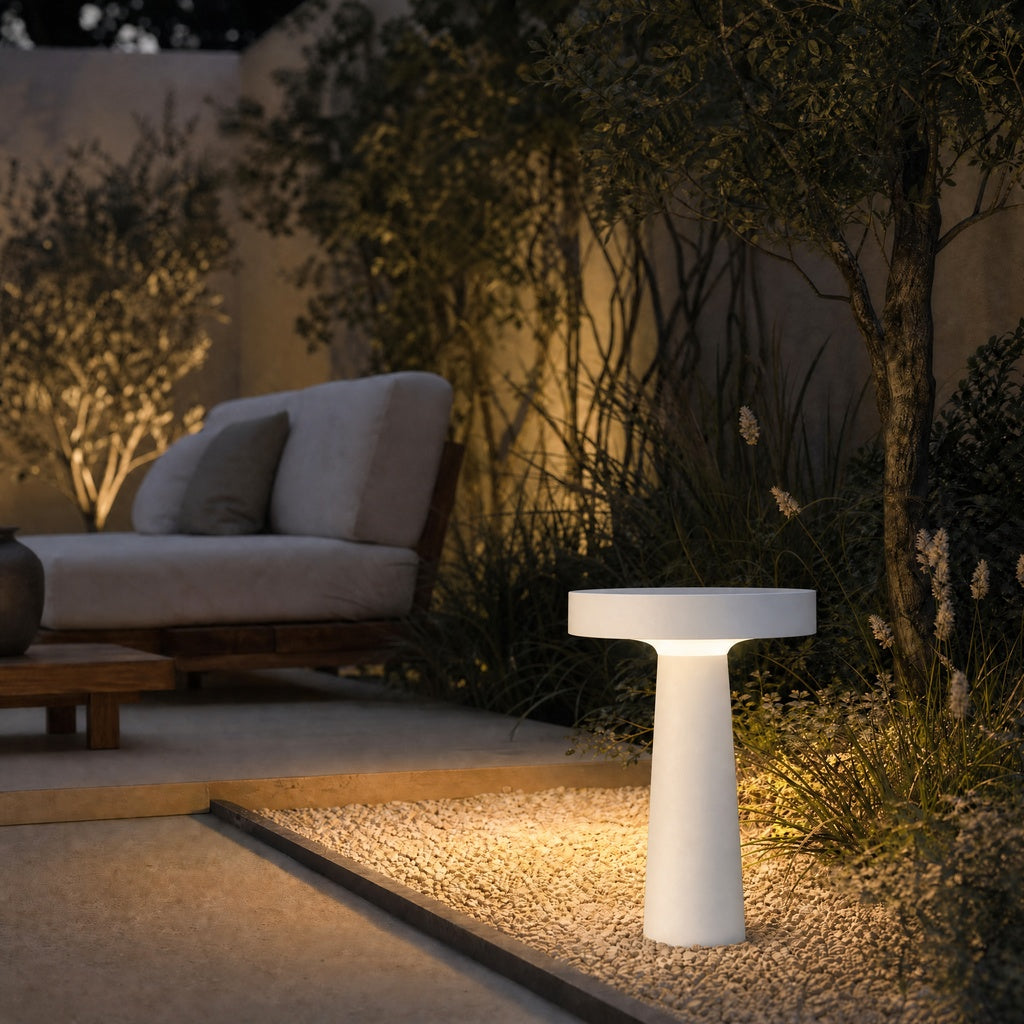 White outdoor garden stake lamp illuminating wildflowers and gravel bed in residential garden evening