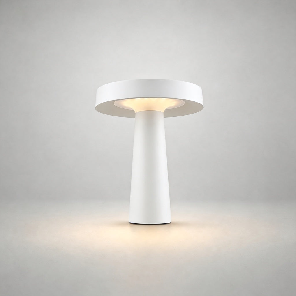 White smooth matte BOLLAR PRIME garden stake lamp with tapered base diffusing warm white light