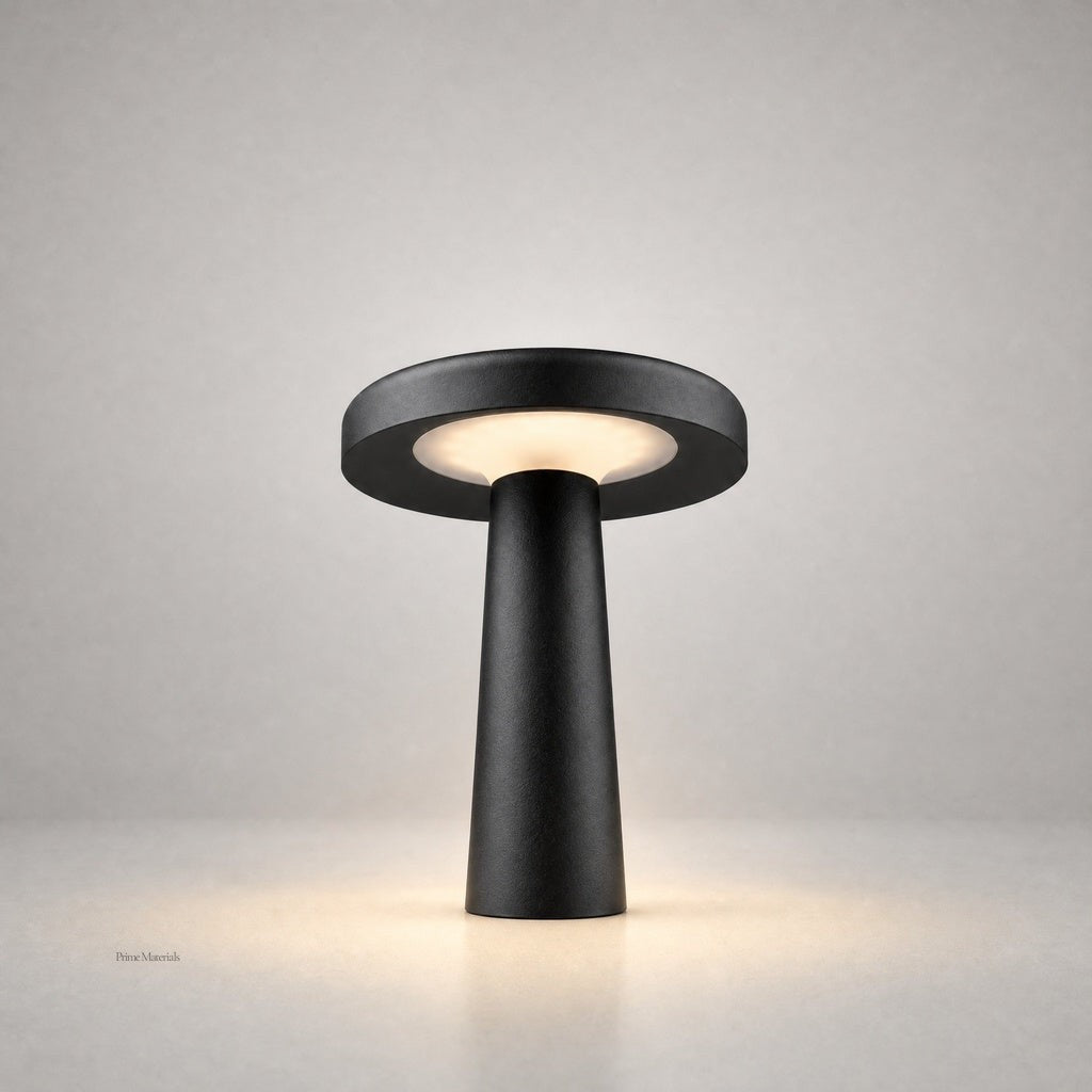 Black conical base LED outdoor floor lamp front view showing geometric silhouette