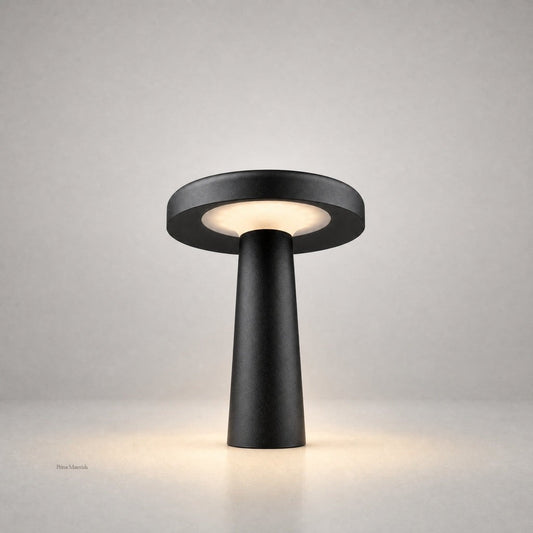 Black conical base LED outdoor floor lamp front view showing geometric silhouette