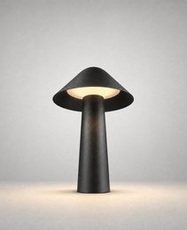 Black mushroom-style outdoor stake lamp with conical canopy and tapered stem