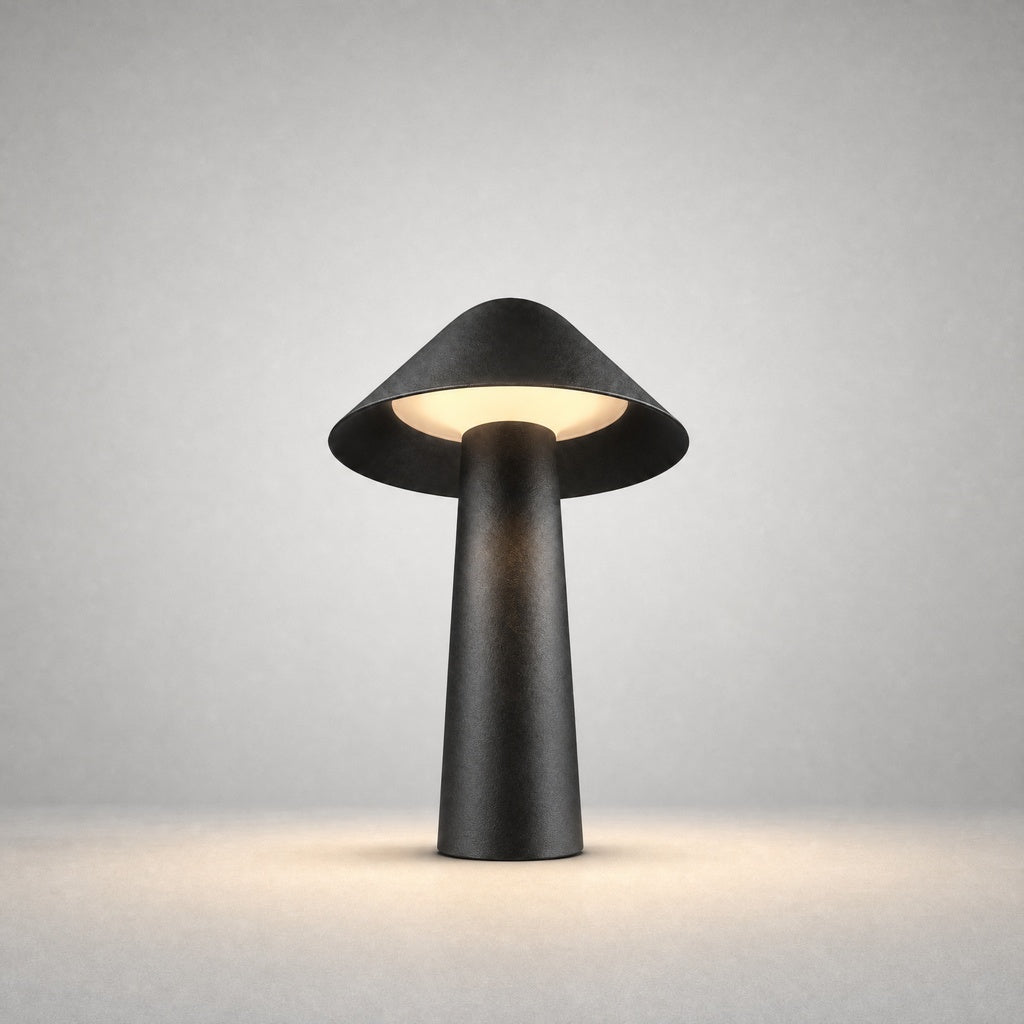 Black mushroom-style outdoor stake lamp with conical canopy and tapered stem