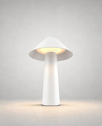 White mushroom-style outdoor stake lamp showcasing clean lines and warm glow