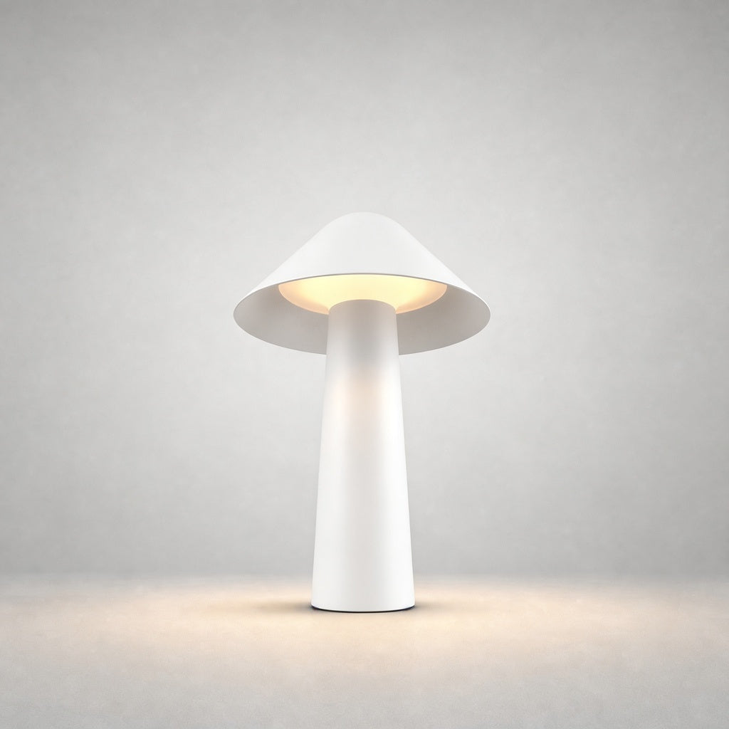 White mushroom-style outdoor stake lamp showcasing clean lines and warm glow