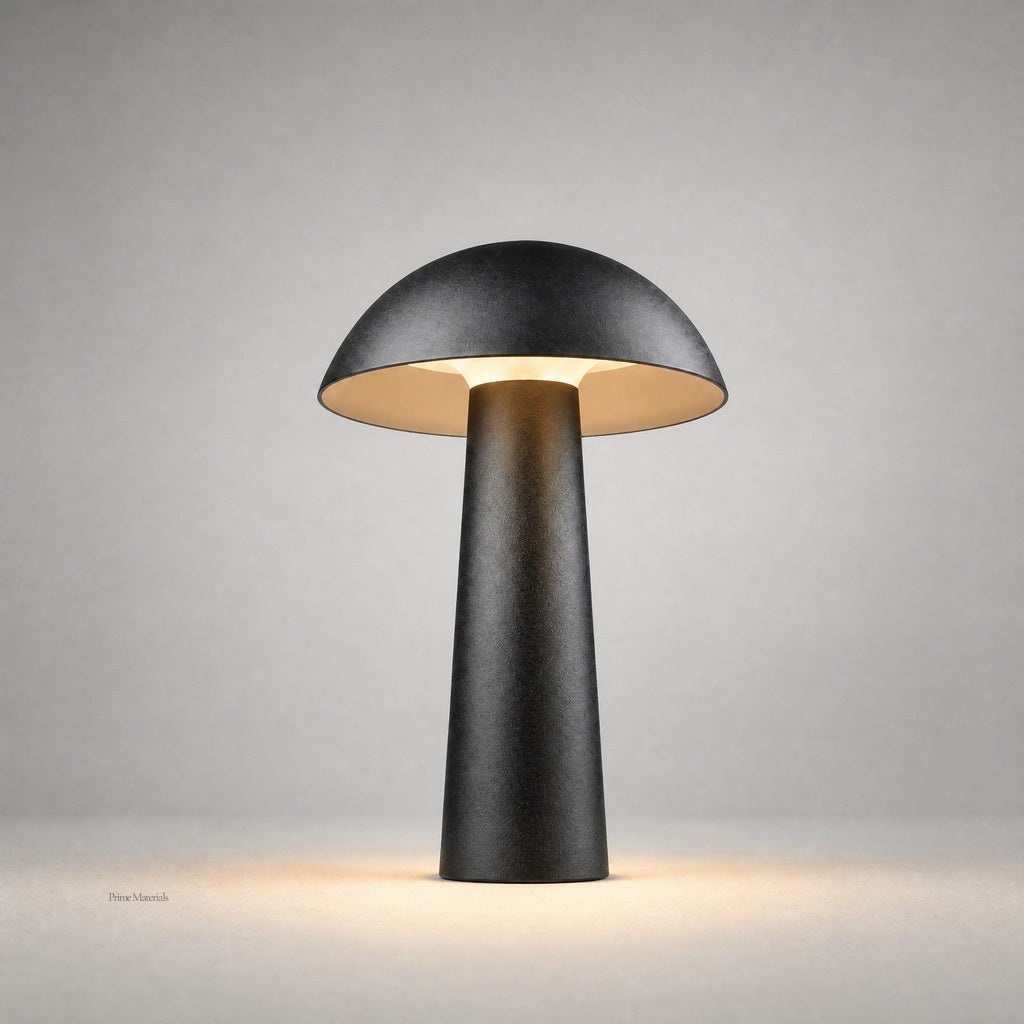matte black mushroom outdoor ground light with warm gold interior LED