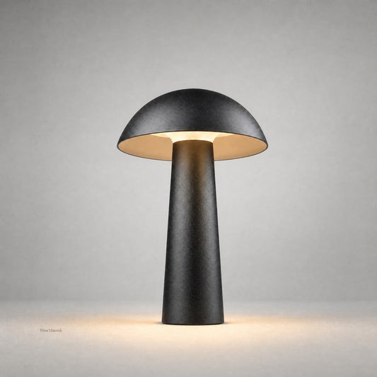 matte black mushroom outdoor ground light with warm gold interior LED