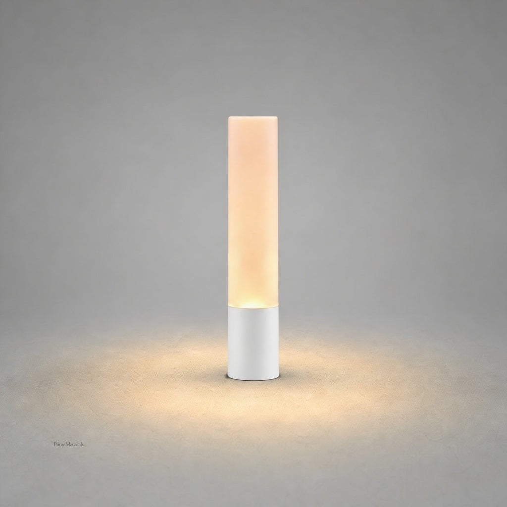 Matte white cylindrical exterior stake lamp with smooth finish and warm white LED output