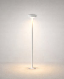 White matte finish DC24V bollard light with slim cylindrical pole and flat circular luminaire head for modern exterior use