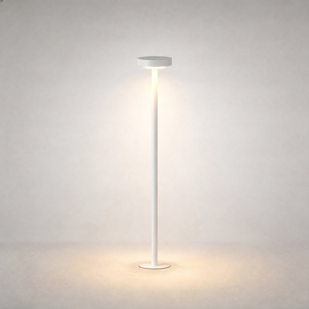 White matte finish DC24V bollard light with slim cylindrical pole and flat circular luminaire head for modern exterior use