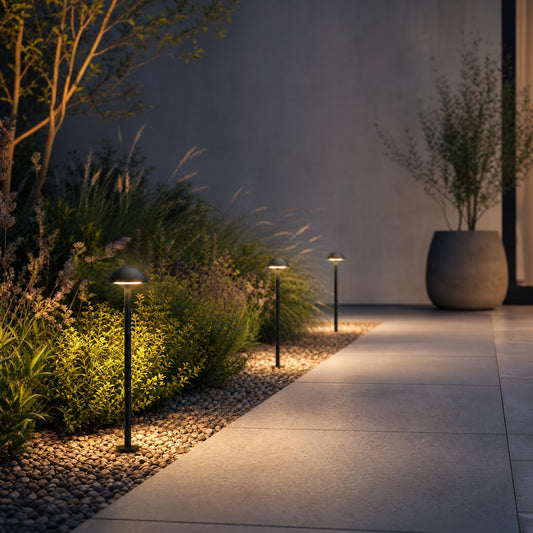 Matte black outdoor bollard lights casting warm glow along gravel walkway and shrubs
