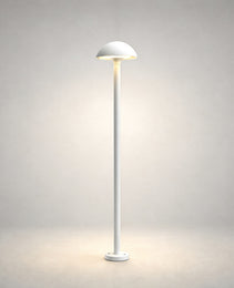 White architectural bollard lamp with smooth cylindrical pole and flat mounting base