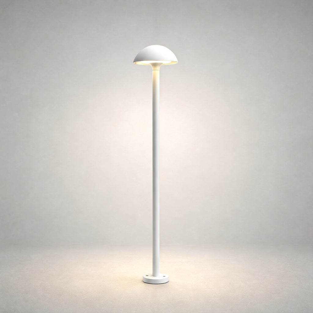 White architectural bollard lamp with smooth cylindrical pole and flat mounting base