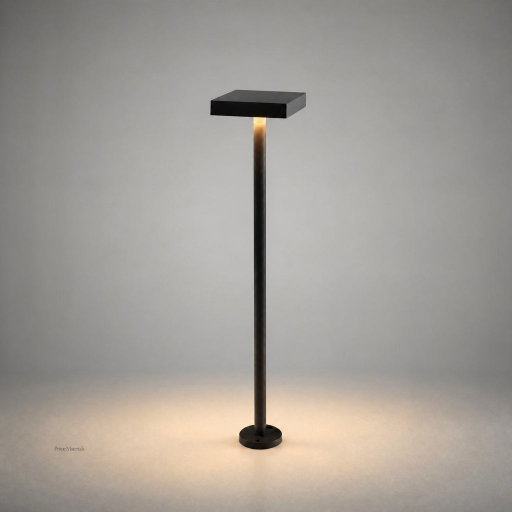 Black textured finish DC24V bollard light showing base detail and soft floor illumination