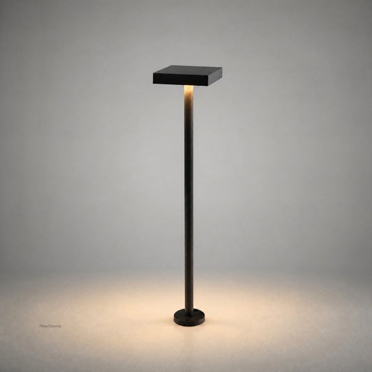 Black textured finish DC24V bollard light showing base detail and soft floor illumination