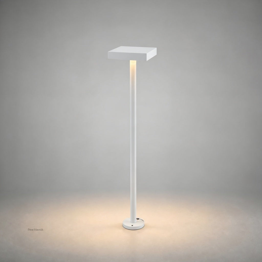 White geometric square-top bollard lamp with warm glow on neutral studio background
