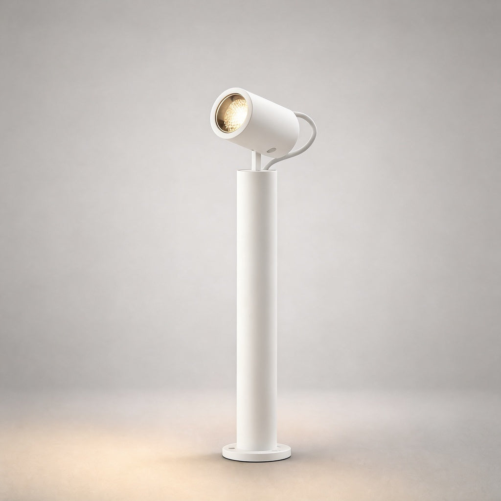 White cylindrical outdoor bollard with flexible neck and warm beam