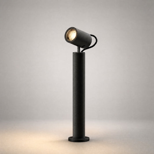 charcoal gray industrial bollard light with flexible neck and directional beam