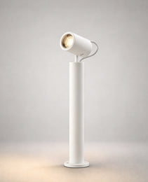 white cylindrical bollard light with articulated neck and gold reflector detail