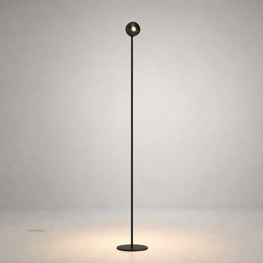 Black matte floor lamp with spherical LED head and warm glow on gray studio background