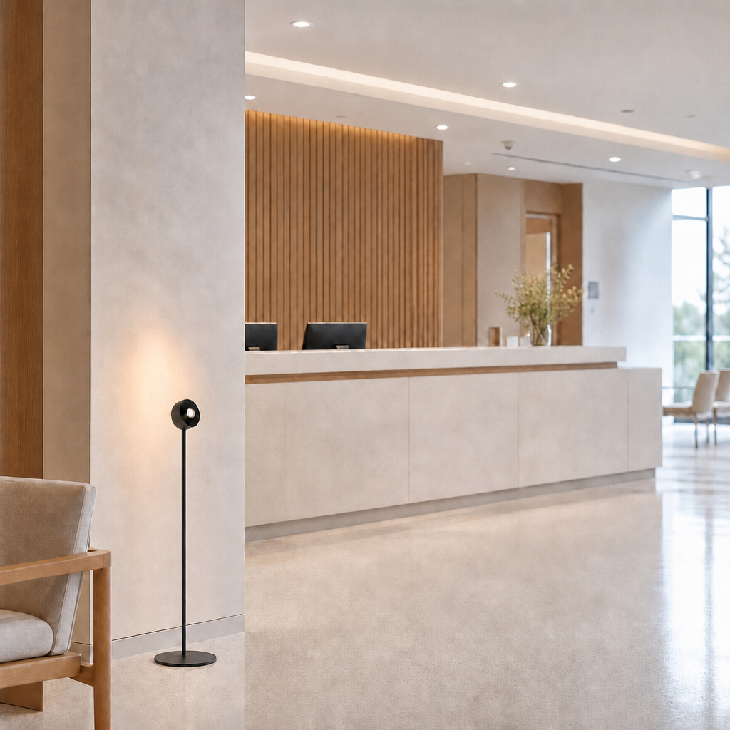 Black floor lamp in commercial lobby next to upholstered chair with warm wall glow