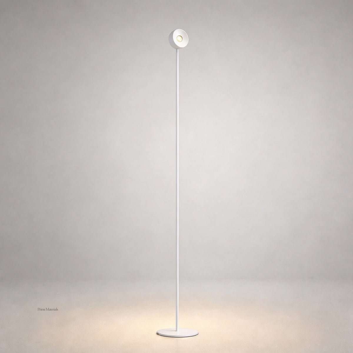 Pure white matte floor lamp with spherical LED head against seamless gray backdrop