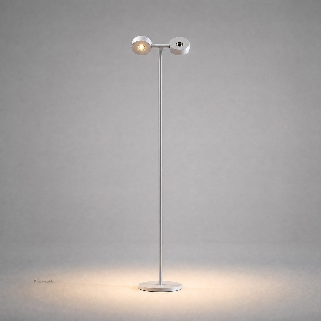 White matte mobile projection floor lamp front view highlighting dual adjustable heads and soft oval illumination pattern