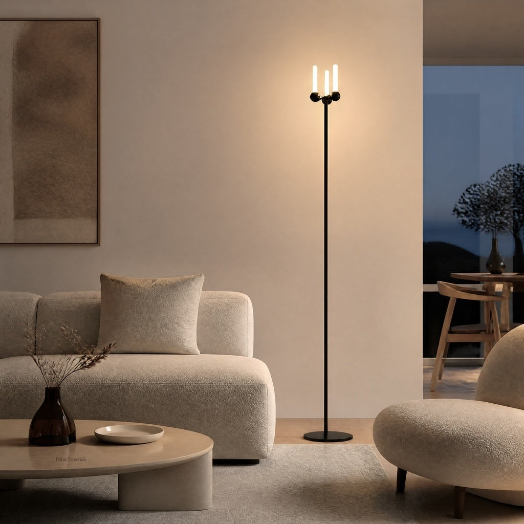 Black matte Mobile PRIME 0012 floor lamp with three cylindrical lights in modern living room
