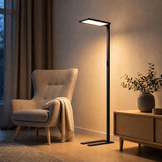 Black matte floor lamp in cozy living room beside beige armchair, warm white light with side control panel
