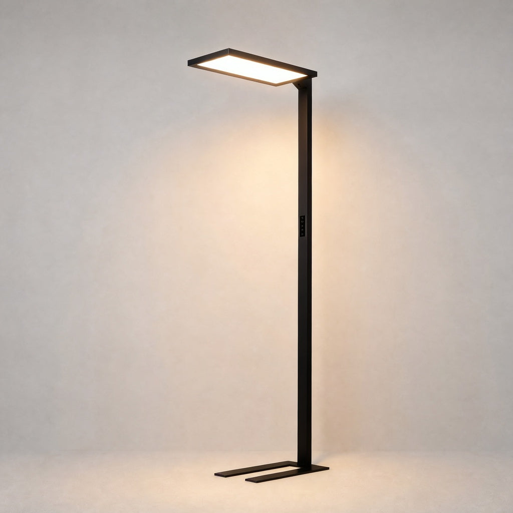 Black matte floor lamp with rectangular LED head and Z-shaped base, minimalist architectural design for interior spaces