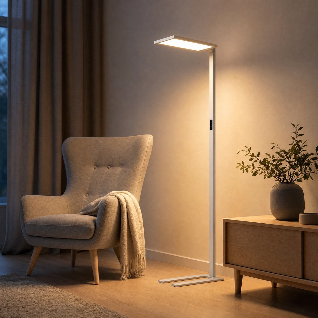 White matte floor lamp in modern living room beside beige armchair, warm white light with side control panel