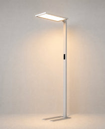 White matte floor lamp with rectangular LED head and Z-shaped base, minimalist architectural design for interior spaces