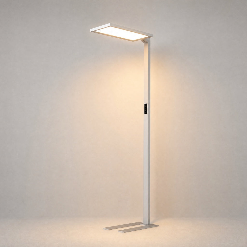 White matte floor lamp with rectangular LED head and Z-shaped base, minimalist architectural design for interior spaces