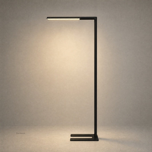 Black matte architectural floor lamp with U-shaped base and horizontal light bar isolated on beige