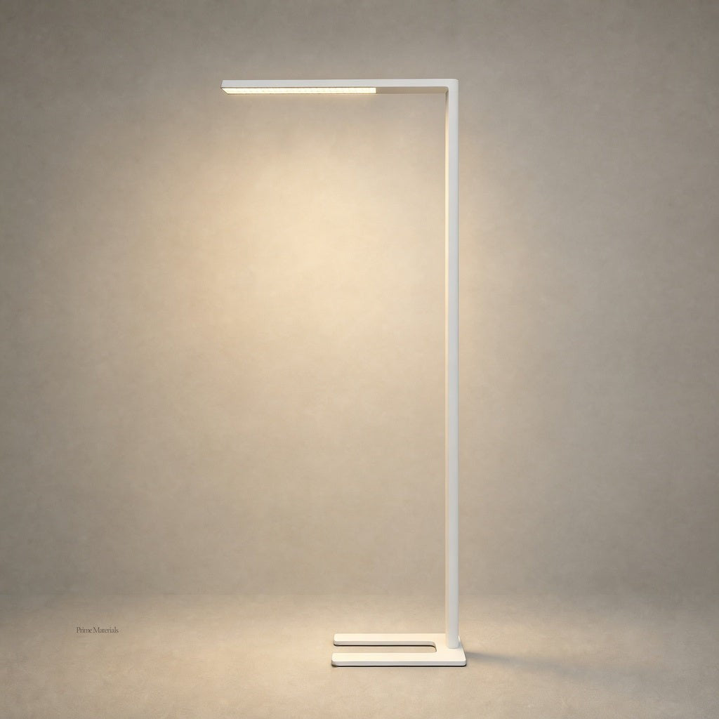 White matte C-shaped floor lamp with horizontal LED bar and U-shaped base against textured wall