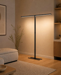 Black matte T-shaped floor lamp with LED bar in modern living room