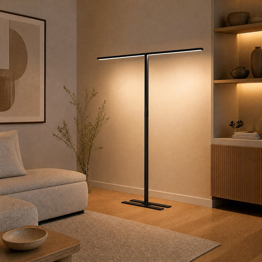 Black matte T-shaped floor lamp with LED bar in modern living room