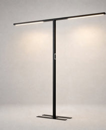 Black matte-finish architectural floor lamp with silver-trimmed control panel