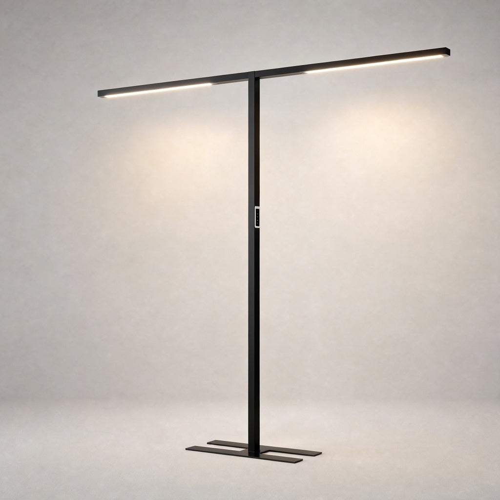 Black matte-finish architectural floor lamp with silver-trimmed control panel