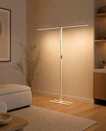 White matte T-shaped floor lamp with LED bar in minimalist interior