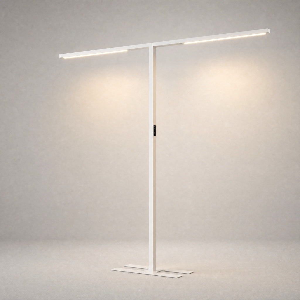 White matte-finish architectural floor lamp with H-style base studio shot