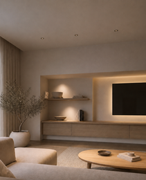 flush mount architectural lighting creating ambient glow on TV wall and coffee table