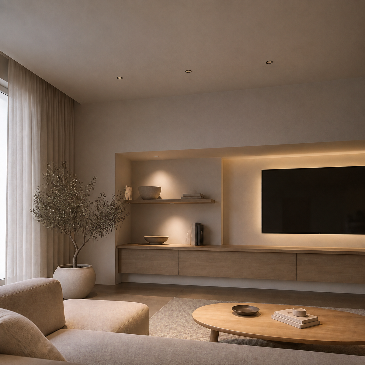 flush mount architectural lighting creating ambient glow on TV wall and coffee table