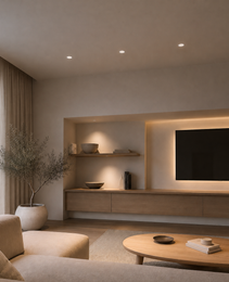 warm white recessed GU10 spotlight in minimalist living room with built-in shelving