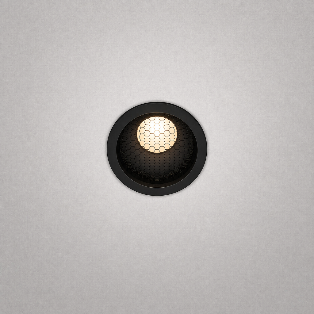 Black GU10 LED module with hexagonal honeycomb grille and matte finish
