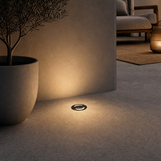Dark matte DECK PRIME recessed floor light in concrete with warm glow beside olive tree for outdoor residential use