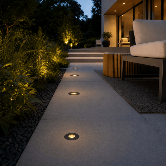 Black DECK PRIME 1168 pathway lights illuminating concrete patio at dusk